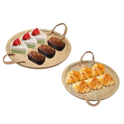 China Handcrafted Wooden Mango Serving Tray with Handles, Rustic Round Decorative Tray Customized Size for sale