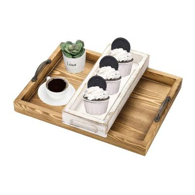 China Rustic Burnt Wood Tray With Handles And Shabby Bleached Wooden Serving Trays Stackable Customized Size for sale