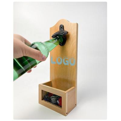 China Kitchen Wooden Wall Mounted Bar Opener Beer Bottle Opener Wall Mounted With Mesh Catcher Solid Wood Bottle Opener for sale