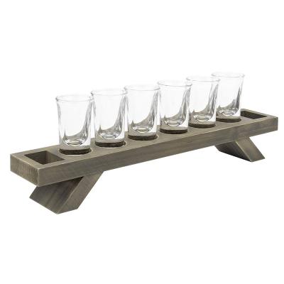 China Hotel Vintage Gray Solid Wood Party Server Tray Shot Glass Holder with 6 Shot Glasses for sale