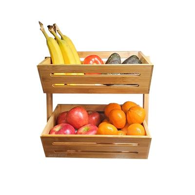 China Sustainable Wooden Countertop Kitchen Fruit Rack Vegetable Storage Basket 2-Tier Bamboo Fruit Basket for sale