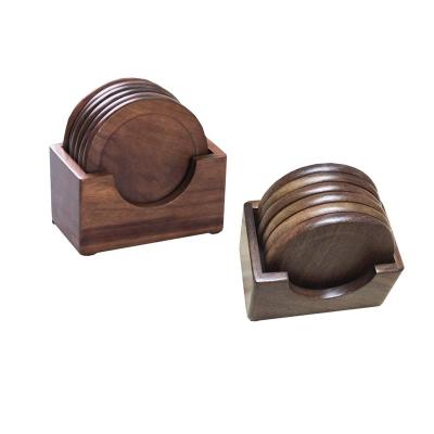 China Minimalist Non-Toxic Wooden Walnut Round Mug Coaster Set With Stand for sale