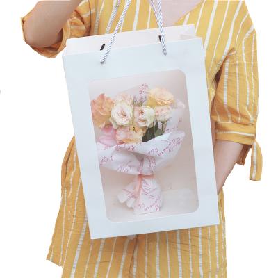 China Clear Rose Flower Bouquet Packaging Plant Window Rope Handle White Brown Recyclable Wholesale Custom Portable Paper Black Bag Packaging for sale