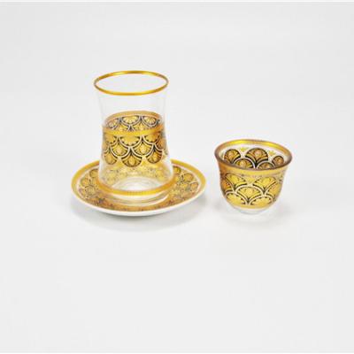 China Hot Stocked Middle Eastern Gold Decal Phnom Penh CAWA Mug Set With Mug Glass Ceramic Dish Coffee Turkish Tea Cups for sale