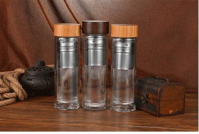 China Eco Friendly Double Wall Glass Water Bottle Bamboo Lid For Children Drinking  for sale