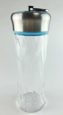 China Blue 300ml Reusable Glass Water Bottles with 304 Lid and Hang Ring , Twist Shape for sale