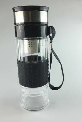 China Tea Filter 370ml Heat Resitance Insulated Glass Water Bottle Full Silicone Sleeve for sale