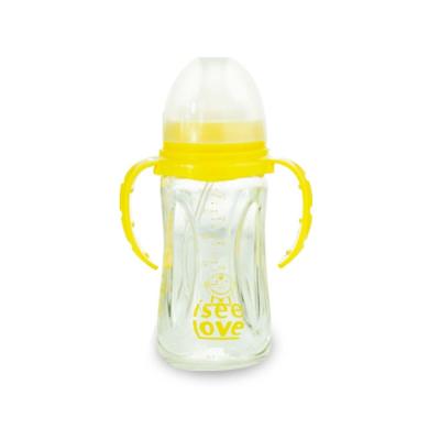 China Yellow Handle Baby Glass Water Bottles For Newborns , Food Grade Silicone Teat for sale