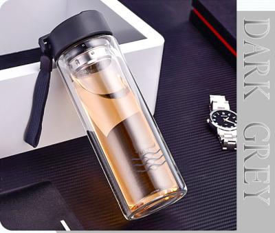 China 300ml Double Wall Glass Water Bottle With Tea Filter Heat Resistance Simple Design for sale