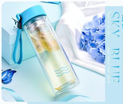 China Unbreakable Portable Blue Double Glass Water Bottle Bpa Free With Ribbon Handle for sale