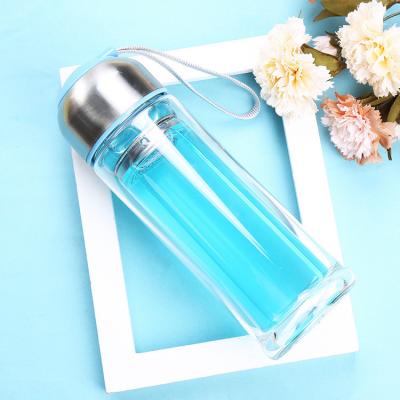 China Blue / Black Double Wall Glass Water Bottle Wide Mouth For Daily Drinking for sale