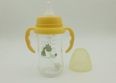 China Yello PP Handle 240ml Unbreakable Glass Baby Bottles For Breast Milk With Silicone Teat for sale