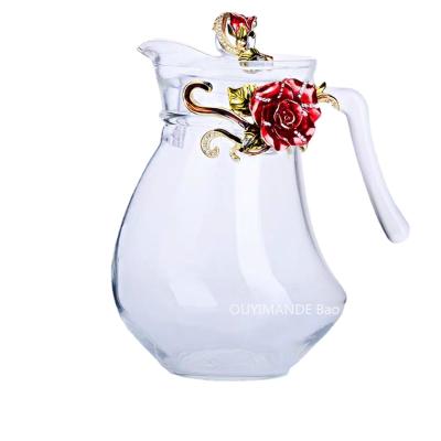 China Viable Red Rose Enamel Crystal Flower Glass Teapot For Beverage Home Drinkware Office Water Kettle Tea Set Coffee Hot And Cold Pot 1300ml for sale