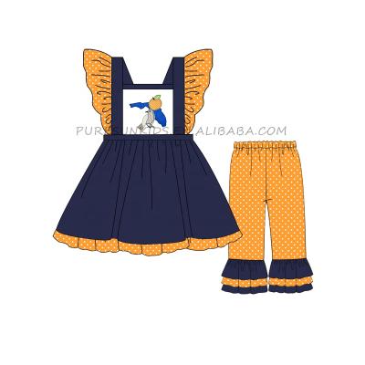 China Little Girls Soft Spring Style New Clothing Set Navy Blue High Quality Cotton Ruffled Outfits Orange Polka Dot Long Pants Sets for sale