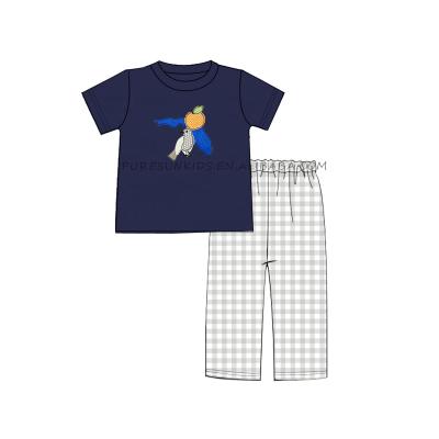 China Holiday Bird Applique Spring Clothing Little Boys Sets Cotton Shirt + Navy Blue Plaid Long Pants Outfits Baby Boy 2pcs Set for sale