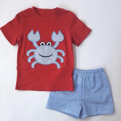 China Vintage Toddler Outfit Crab Applique Cotton Seersucker T-shirt and Shorts Sets Boys Jumpsuits For Baby Kids Cotton Wear Clothes for sale