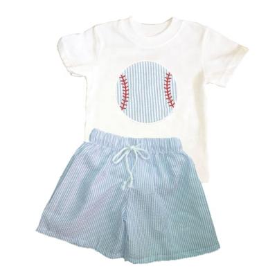 China Spandex/Cotton Baseball Embroidery Kids Clothes Summer Cotton Seersucker Shorts Set Little Boy Sports Equipment for sale