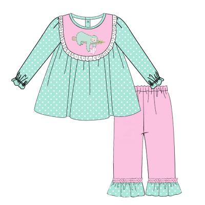 China Holiday Puresun Valentine Spring Sleeve Long 2 Pieces Embroidery Girl Heart Monkey Outfit Dresses Cotton Sets Ruffles Baby Clothing for sale