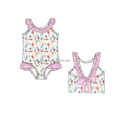 China Polyester / Cotton Wholesale Kids Swimwear Fashion Ruffled Sleeveless Swimsuits Embroidered Toddler Girls Beachwear for sale