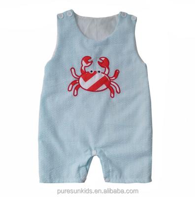 China Soft sleeveless /casual crab appliqued cotton seersucker summer boy dungeon romper for sale