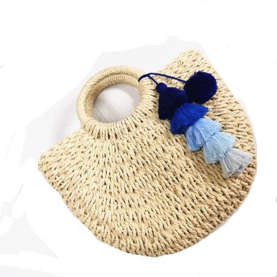 China Hand Crochet FRENCH Market Basket Beach Straw Bag, Handmade Straw Bag Summer Basket With Pompom Tassel Supplier for sale