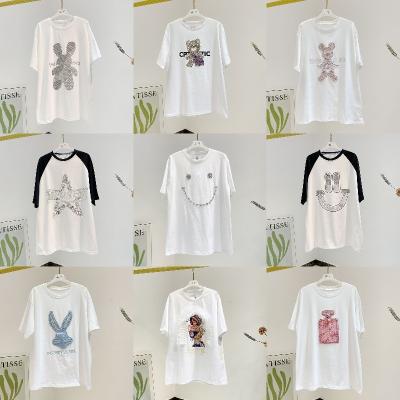 China Hot Selling Oversized Loose T-shirt Summer V-Neck Letter Girl Anti-Wrinkle Short Sleeve Pure White Cotton Female T-shirt for sale