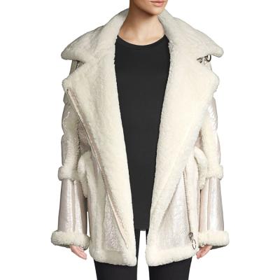 China Long Sleeves Viable Shearling Women's Shiny Fur Stripper Coat With Waist Zipper Pockets for sale