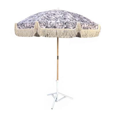 China Ovida modern outdoor wood paiting no tilt customized logo printing outdoor beach umbrella with tassels for sale