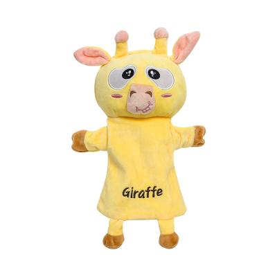 China Custom Intelligence Hand Puppet Yellow Giraffe Cartoon Developing Plush Animal Toy For Kid for sale