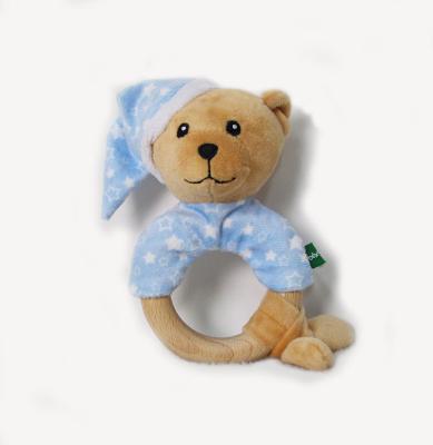 China Eco-Friendly Material Baby Ring Rattle Plush Rattles Wooden Baby Teether Teddy Bear Teether for sale