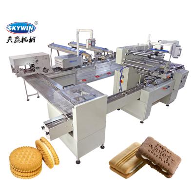 China Food Cream Chocolate Jam Sandwich Cookie Making Machine With Overboard Packing Machine for sale