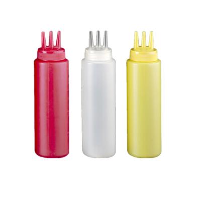 China 300ml Food Three Mouths Squeeze Type LDPE Soft Plastic Ketchup Bottle For Kitchen for sale