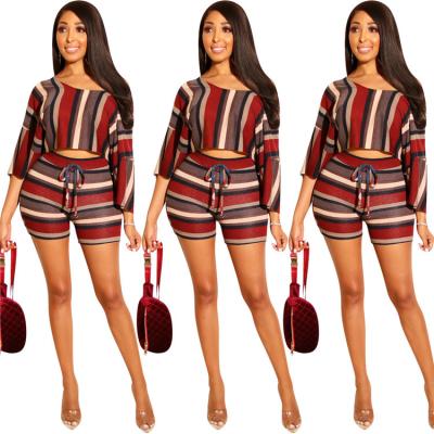 China Casual Hot sale women two-piece sets mid-sleeve crop top and shorts colorful stripe printed fine clothing for sale