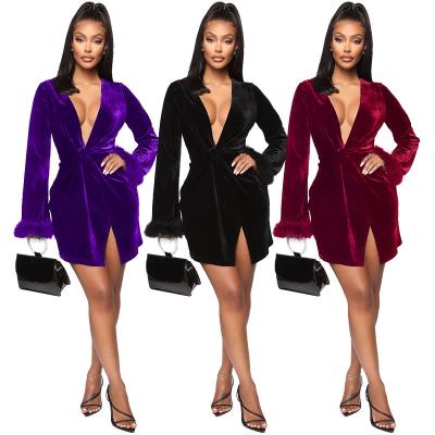 China New Women's Amazon Breathable Sexy V-Neck Twisted Edge Sheath Sleeves Velvet Flare Dress for sale