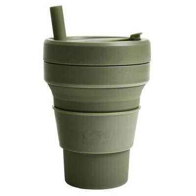 China Viable 16oz 470ml Silicone Coffee Cup Travel Mug Folding Reusable Reusable Pocket Green With Straw for sale