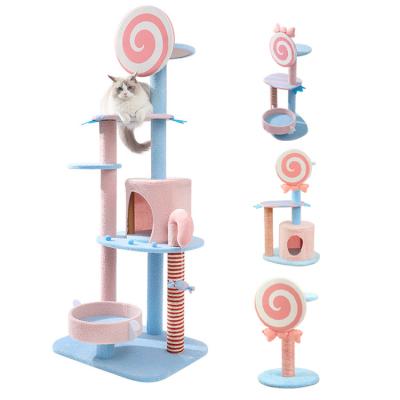 China Living Space Included Large Candy Cat Climbing Frame Colorful Paradise Multi-Story Cat Tree Cute Pink Cat Condo for sale