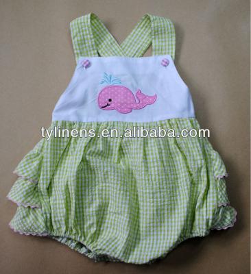 China Short sleeve whale design applique embroidery, green seesucker baby bubble romper, creeper, ruffles with rac ric for sale