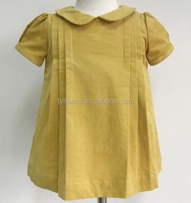 China Breathable Yellow Cotton Woven Corduroy Short Sleeves Pleats Girls Dress for sale