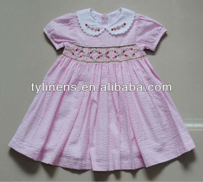 China Breathable Pink Stripe Cotton Seersucker Smocked Kids Clothing Wholesale for sale