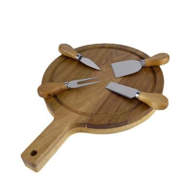 China Stocked Printing Custom Laser Engrave Circular Bamboo Wooden Cheese Tray Cutting Board Set With Handle 4 Pieces Of Cutlery Hanging for sale