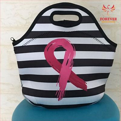 China TOTE BAG Pink Ribbon Printing Neoprene Lunch Bag Black White Stripes Print With Pink Ribbon Breast Cancer Awareness Dots 2017 New for sale