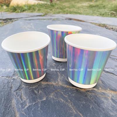 China New Style Disposable Double Wall Laser Paper Cups Party Birthday Coffee Mike Takeaway Rainbow Silver Laser Paper Cup With Lid for sale