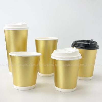 China Hot Selling Food Grade Disposable Thick Two Layers Gold Paper Cups Bright Disposable Insulated 500ml Recyclable Paper Cups for sale