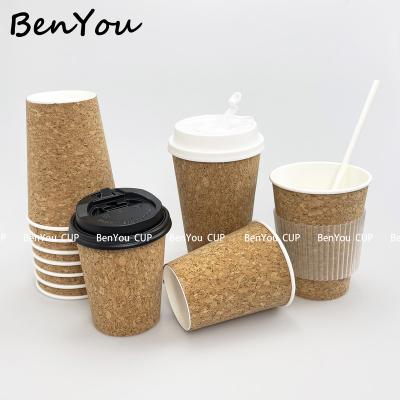 China High Quality Disposable Coffee Cups Gelato Cups Cork Oak Take Away Biodegradable Double Wall Paper Cups With Lids for sale