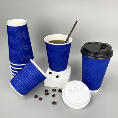 China 8/12/16oz Recyclable Customized Printing Logo For Paper Cups Set With Lids Blue Color Ripple Wallpaper Disposable Coffee Cup for sale