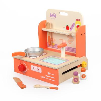 China 2022 New Design Parent-children Interactive Mini Orange Color Portable Play House Kitchen Pretend Play Set Wooden Toys Kitchen Toy for sale