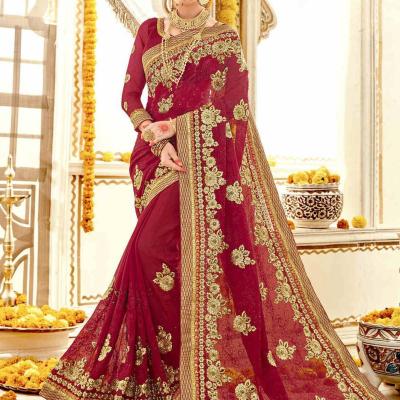 China Bamboo Fiber Sari Women Wedding Dress Shari Traditional Embroidery Georgette Bridal Saree Dress for sale