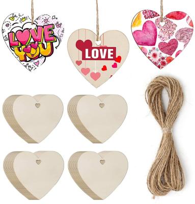 China Europe 60 Pcs Heart Shaped Unfinished Wooden Ornaments Wooden Heart Cutouts With Rope For DIY Art Craft for sale