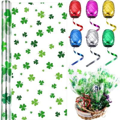 China 39 x 138 Inch St Patrick's Day Shamrock Cellophane Wrap Eco Friendly Stocked Biodegradable Paper with Ribbons for Christmas Holiday DIY Craft for sale