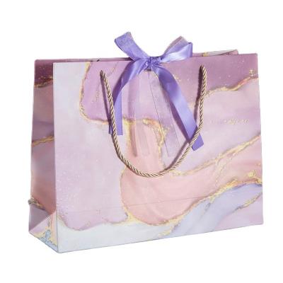 China Recyclable Birthday Thank You Party Wedding Favors Pink Marble Luxury Gift Paper Bags Recycle Materails Logo With Double Ribbon Bow Custom Made for sale